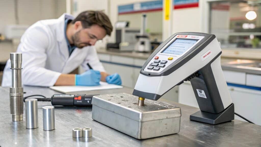 alt with keywords: handheld XRF analyzer scanning an aluminum part to determine its alloy composition